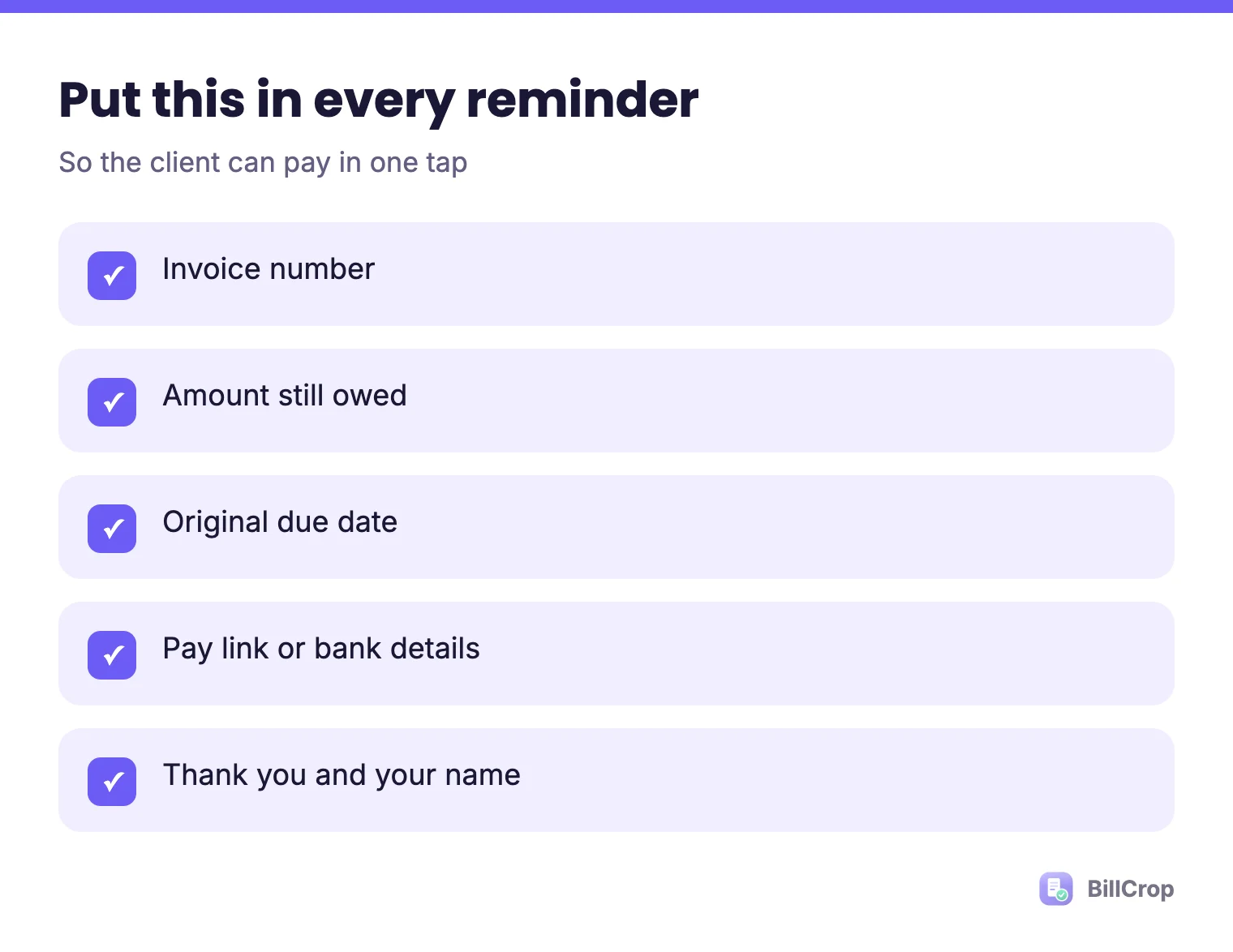 A checklist for every reminder: invoice number, amount owed, due date, pay link, thank you and your name
