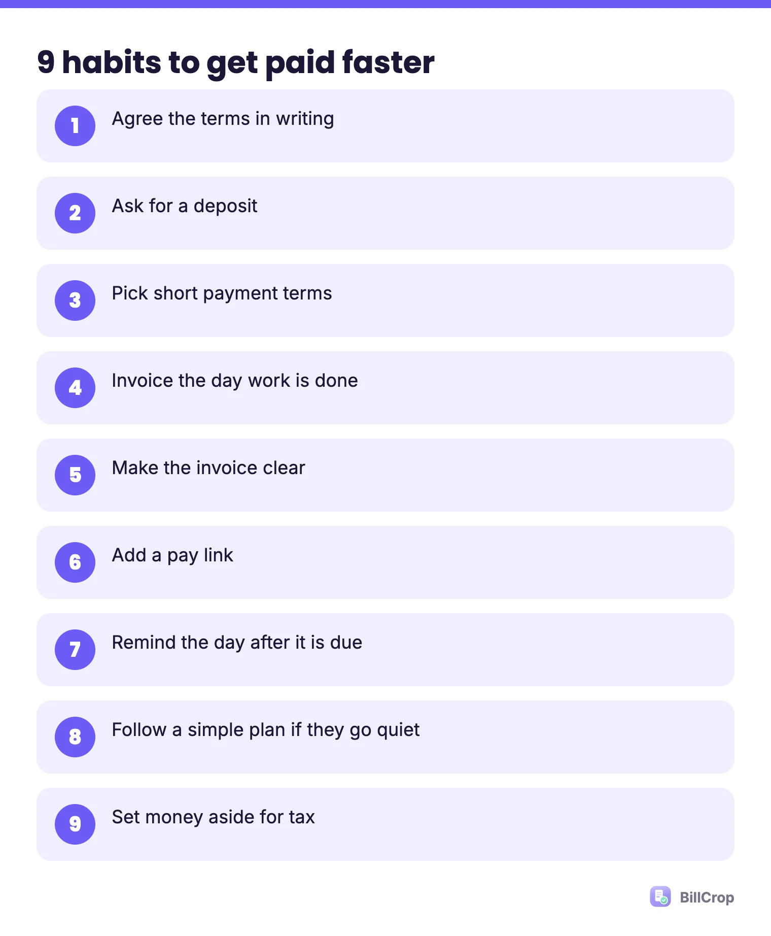 A list of 9 habits to get paid faster: agree terms, ask for a deposit, short terms, invoice the same day, clear invoice, pay link, reminder, chase plan, tax set-aside