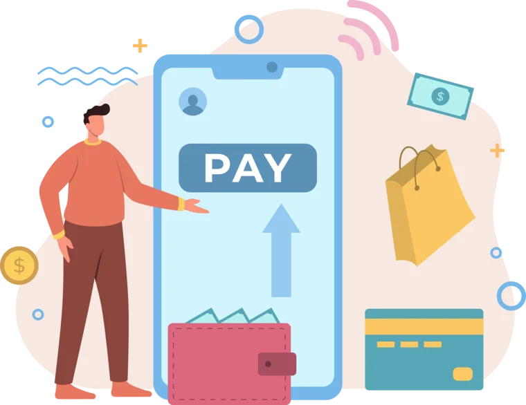 A person pressing a big pay button on a phone, with a wallet and card nearby