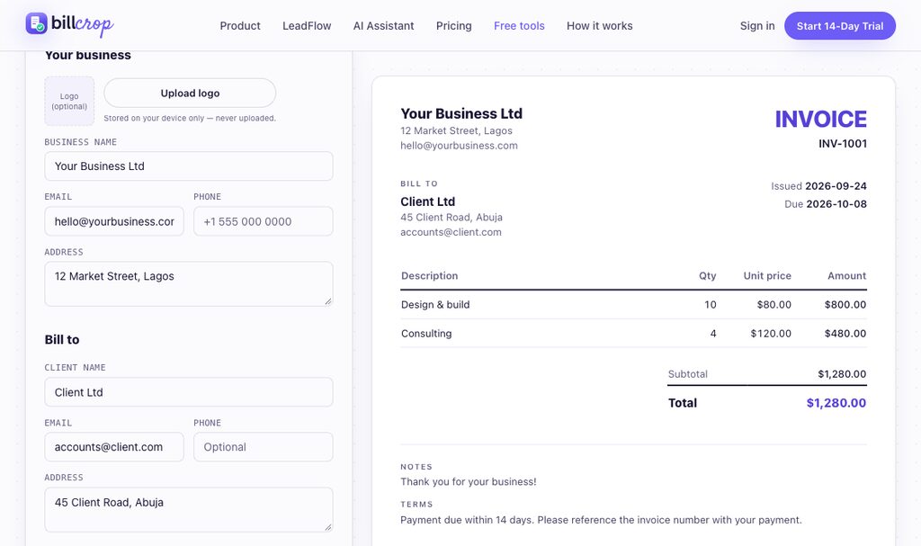 BillCrop's free Invoice Generator with a sample invoice — business and client details, line items, and a live totals preview that updates as you type