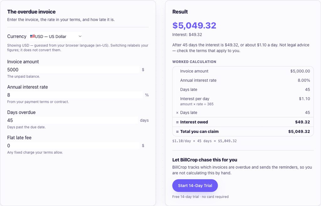 BillCrop's free Late Payment Calculator showing an overdue-invoice example: interest owed and the new total, with the full worked calculation